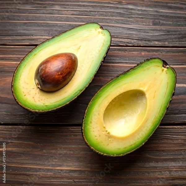 Fototapeta Two halves of an avocado on a wooden surface