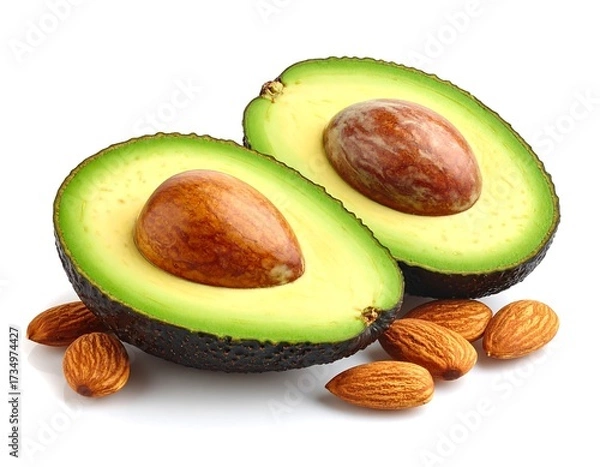 Fototapeta Two halves of avocado with almonds