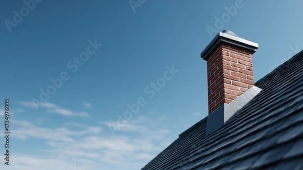 Fototapeta Brick Chimney on a Tiled Roof Against a Bright Blue Sky Backdrop, Home Exterior Architecture
