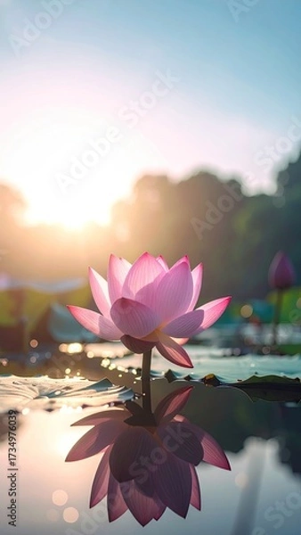 Obraz Radiant Lotus Blossom Reflection in Serene Pond at Sunrise with Vivid Pink Petals and Soft Backlighting in a Natural Setting