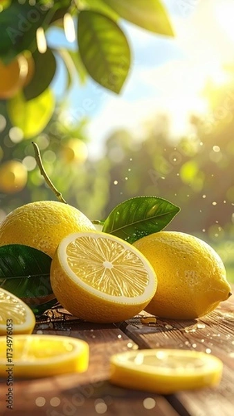 Obraz Radiant Lemons on Wood Surface with Sunlit Bokeh Background Vertical