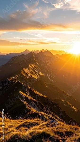 Obraz Radiant Mountain Ridge at Sunset with Golden Light and Hazy Sky Panorama