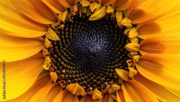Obraz Radiant Sunflower Blossom with Golden Yellow Petals and Dark Center in Macro View Natural Light Photography