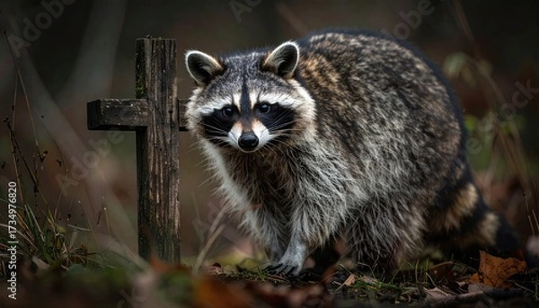 Obraz Raccoon near Wooden Cross Graveyard Scene with Autumn Leaves and Moody Lighting