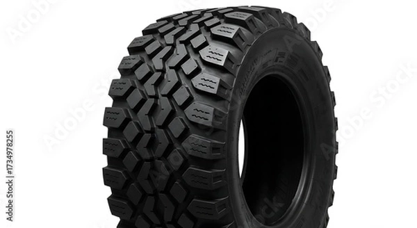 Obraz Detailed close up of a black heavy duty all terrain tire on white background