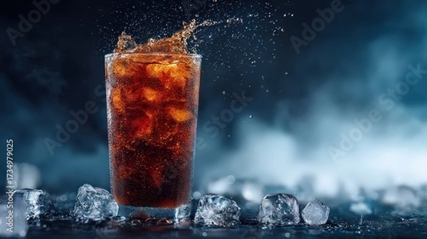 Fototapeta Refreshing Glass Of Cola With Ice Splash
