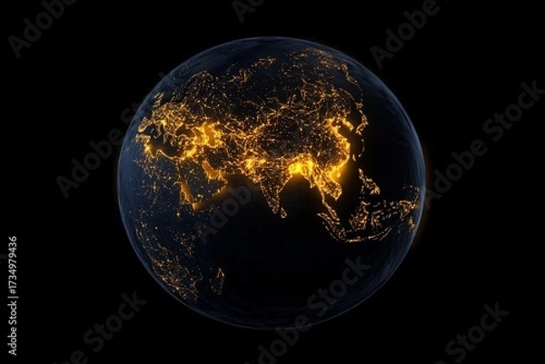 Fototapeta Planet Earth at night, illuminated by city lights, seen from space. This image represents global energy consumption and human impact on the environment. 