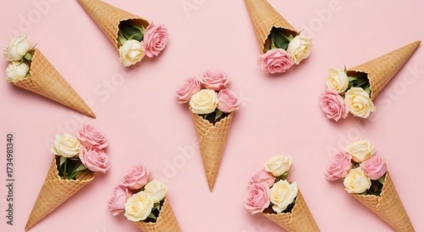 Obraz Floral ice cream cones on a pink background