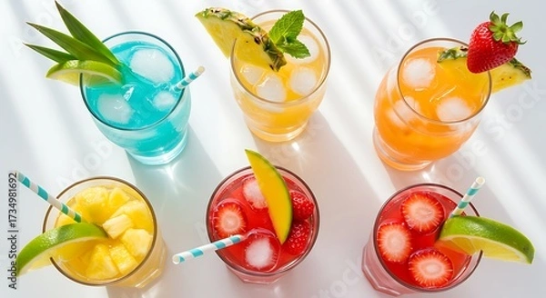 Obraz Colorful cocktails with fruit garnishes on a bright white surface, perfect for summer.