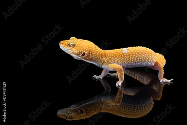 Fototapeta Leopard gecko in black background	,leopard gecko isolated on black background, Portrait of a leopard gecko on black background