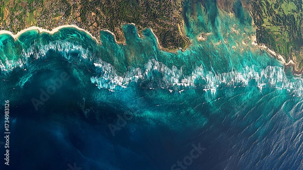 Fototapeta Aerial View of Turquoise Ocean Waves Crashing on Lush Tropical Coastline ,  A stunning high-angle drone shot capturing the dramatic contrast between deep blue ocean water and the shallow, turquoise re