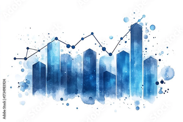 Fototapeta Blue Watercolor Business Chart , A beautiful, artistic take on business and finance. This graphic features blue watercolor bar charts and a line graph with subtle paint splatters, giving it a soft, cr