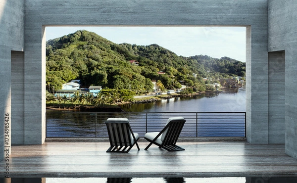 Fototapeta View from the balcony to the sea and mountain.Landscape. Sunny Day. Terrace with a cozy chairs and a beautiful view. Background with beautiful landscape. City near the sea.