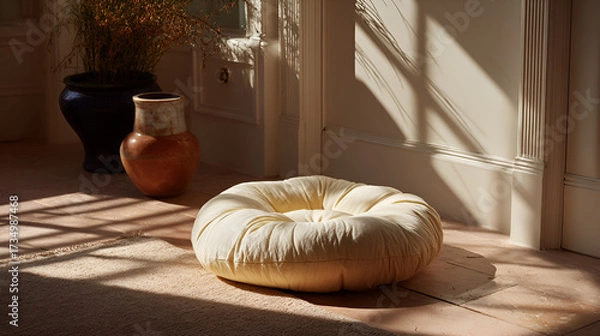 Fototapeta Cozy Round Cushion in Sunlit Room, Minimalist Living Room with Soft Pouf, Comfortable Floor Pillow by the Window