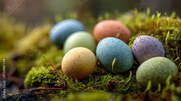 Fototapeta Pastel Easter Eggs on Mossy Ground, Vibrant Spring Eggs Nature Background, Colorful Eggs for Easter Celebration