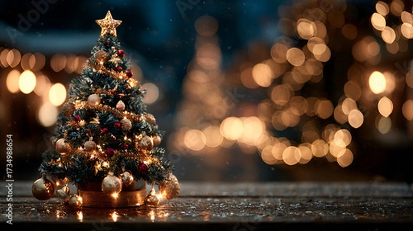 Fototapeta  Festive Christmas Tree with Golden Lights, Decorated Holiday Tree at Night, Christmas Tree Bokeh Lights