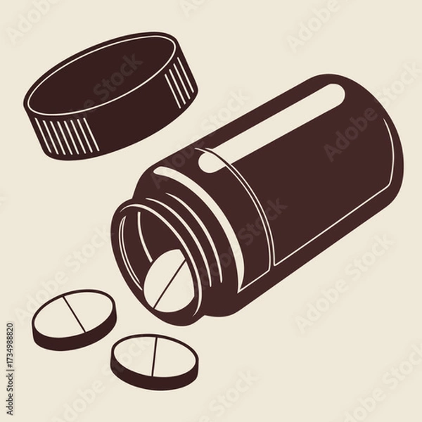 Obraz A dark brown stylized illustration of a pill bottle tipped over with two tablets spilled out onto a light beige background