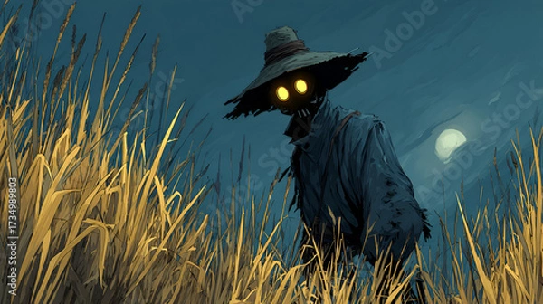 Fototapeta Creepy Scarecrow in the Moonlit Field, Haunted Night with Glowing-Eyed Scarecrow, Spooky Scarecrow Halloween Art