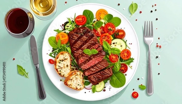 Obraz Gourmet steak dinner with wine, salad, and bread, perfect for a restaurant menu