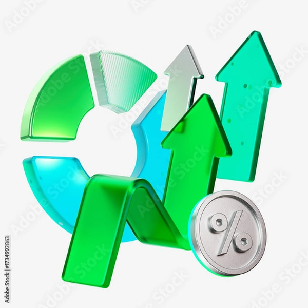Fototapeta 3D rendering of metallic percentage sign with green arrows and chart elements symbolizing growth, interest rates, and financial success. Ideal for investment, economy and banking concepts.