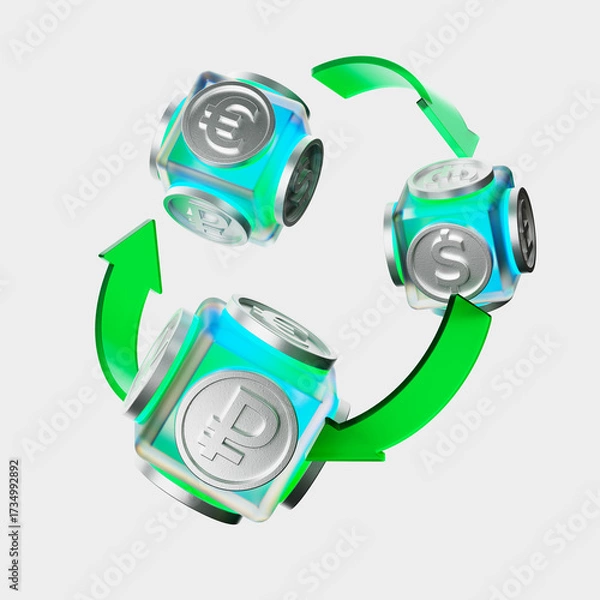 Fototapeta 3d illustration of currency exchange with symbols of ruble, dollar, euro and yen on cubes connected by green arrows. The idea of forex, finance, international payments and money transfers.