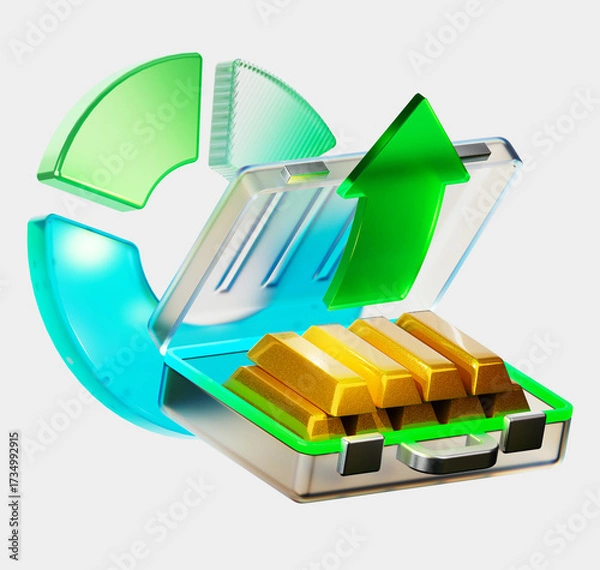 Fototapeta 3D illustration of a suitcase with gold bars and a green arrow. Gold reserves. The concept of wealth, investment, financial security, capital increase and economic stability.