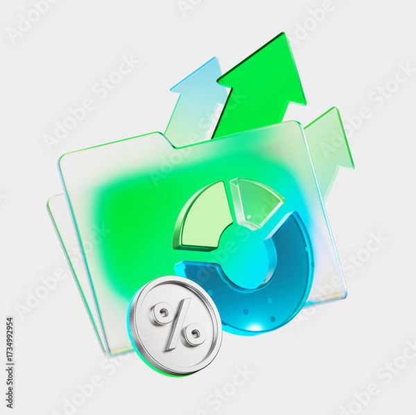 Fototapeta 3D illustration of a folder with documents, percentages, and a growth chart. A symbol of taxes and the budget, financial analytics and business investments. Ideal for economics and reporting topics.