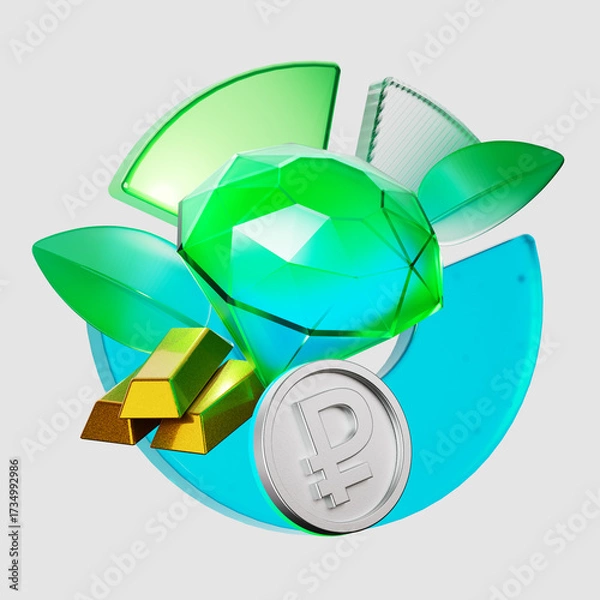 Fototapeta 3D rendering of a glass diamond. Gold bars. A ruble coin with arrows and a graph. The concept of finance, contributions to natural resources. Digital economy, investments in securities.