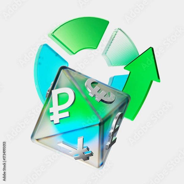 Fototapeta 3D render illustration of a transparent cube with Russian ruble currency symbols and circular arrows. Concept of finance, money exchange, currency trading, digital economy and investment flow.