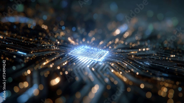 Fototapeta Illuminated Chip: A macro shot of a state-of-the-art computer chip, intricately lit to highlight the circuit design and technological advancement, symbolizing progress and modern innovation.
