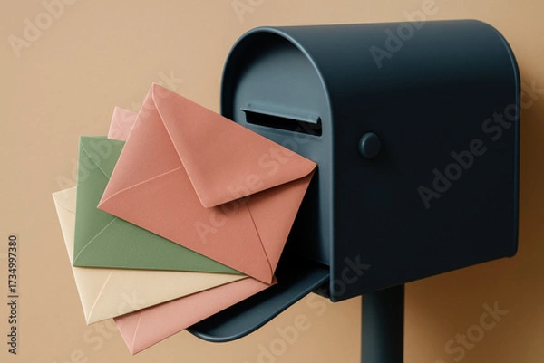 Fototapeta Modern black mailbox with colorful envelopes on beige background, minimal communication and postal delivery concept