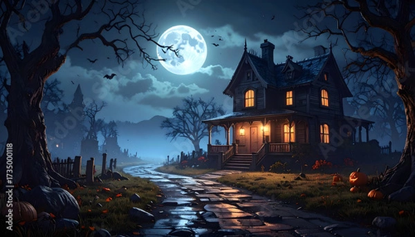 Fototapeta An old haunted house sits under a huge, bright full moon on a dark Halloween night, features a stone path, glowing windows, twisted bare trees, a graveyard, and pumpkins for spooky holiday atmosphere.