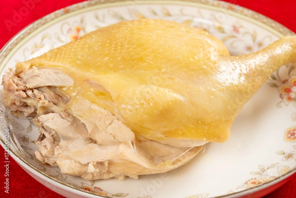 Fototapeta angle  view home-style poached half chicken at horizontal composition