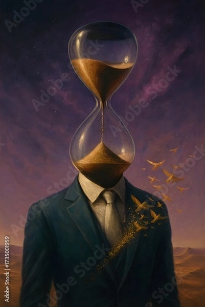 Fototapeta Surreal depiction of a man with an hourglass head, symbolizing the passage of time and mortality.