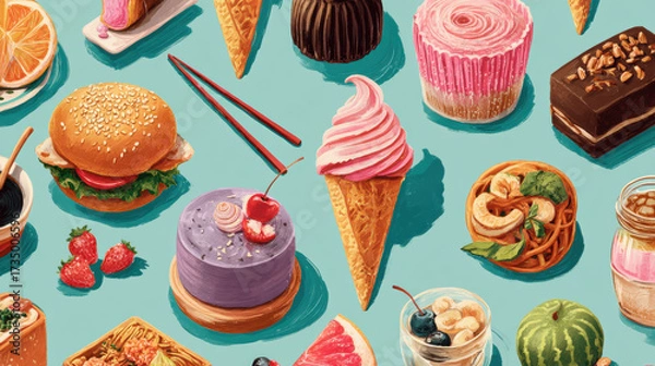 Fototapeta Colorful Assorted Foods and Desserts on Blue Background
