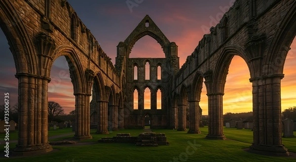 Obraz Ancient stone abbey ruins against a vibrant sunset sky