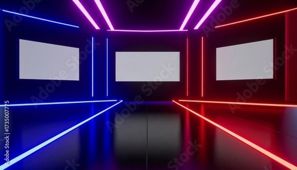 Fototapeta illustration of a studio, game show, news room setting, three plain white mock up boards