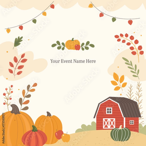 Obraz Autumn farm illustration with pumpkins, apples, red barn, autumn leaves, and rolling hills. Seasonal template with background space