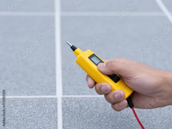 Fototapeta Digital voltage tester hand used for solar panel maintenance checking electrical current safely and efficiently gray tile floor