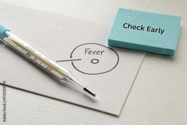 Obraz Medical illustration showing a thermometer beside a note emphasizing the importance of early fever detection