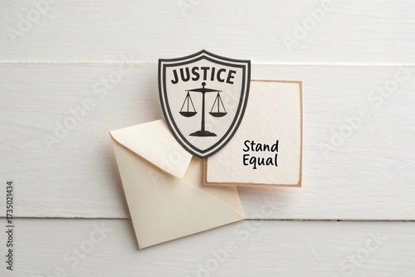 Fototapeta Justice emblem on a card beside an envelope, symbolizing equality and fairness in society