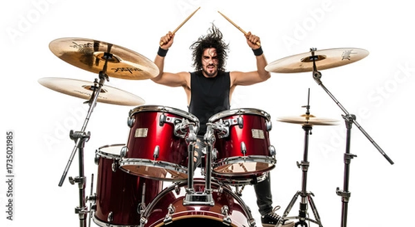 Fototapeta Unleashed Rhythm: A dynamic drummer in his element, absorbed in a performance of musical precision, showcasing skill, passion, and the raw energy of a rock concert setting.