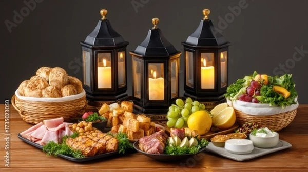 Fototapeta Elegant Arrangement of Gourmet Food with Lanterns and Fresh Ingredients for a Cozy Dinner Gathering