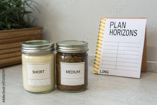 Fototapeta Two labeled jars containing candles and coffee grounds beside a notepad for planning horizons