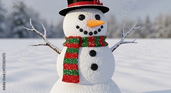 Fototapeta Smiling snowman with red green scarf and top hat in snowy field.