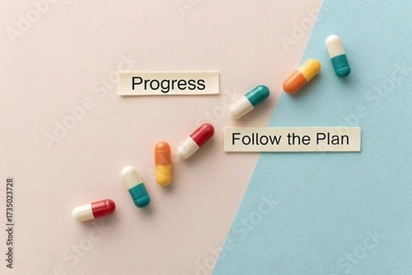 Fototapeta Colorful capsules arranged in a progressive line on a pastel background, symbolizing health and planning