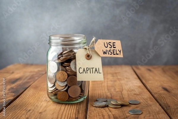 Fototapeta Glass jar filled with coins labeled 'Capital' and 'Use Wisely' on a wooden table, symbolizing savings