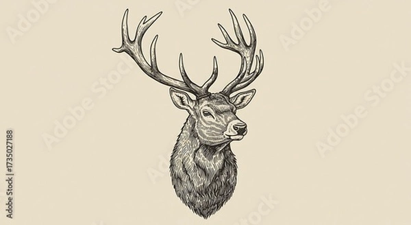 Obraz Detailed drawing of a stag head with large antlers against a neutral background