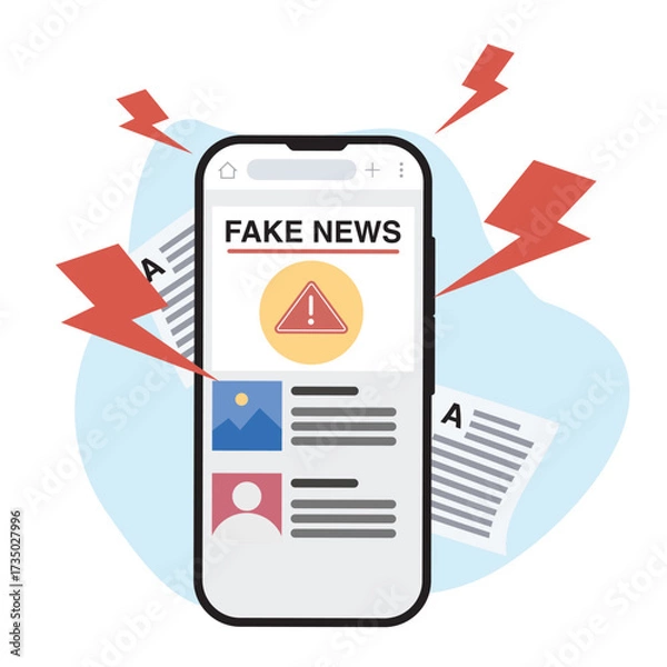 Obraz Fake news on a media website. There's an illustration of a megaphone outside a cell phone. Stock Illustration