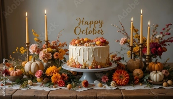 Fototapeta Celebrate Happy October with this stunning cake, pumpkins, and flower arrangement for a warm autumnal gathering and cozy Thanksgiving festivities
